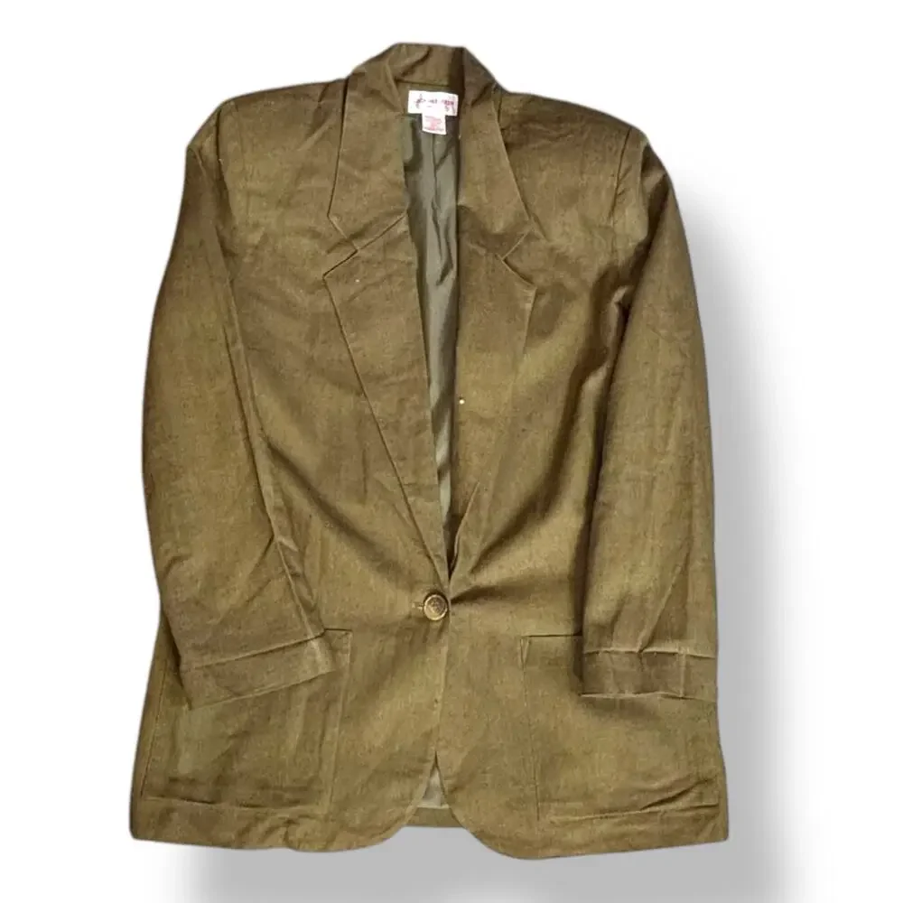 Vintage 90s Linen Cotton Blazer Jacket Size 12 Neutral Olive Brown Minimalist